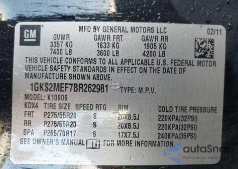 2011 GMC Yukon Xl 1500 Denali из США, поврежденный, VIN 1GKS2MEF7BR262981